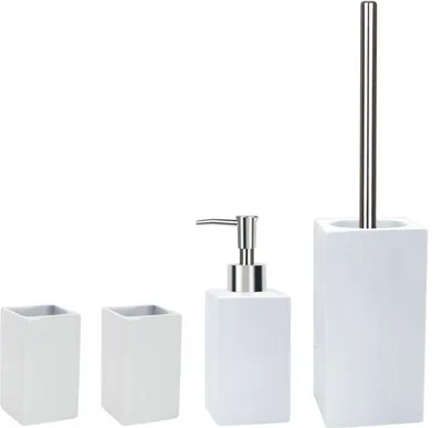 Produktbild von Spirella Badezimmer Set, 4-teiliges Badzubehör Quadro Porzellan Seifenspender, WC Bürste, und 2xZahnputzbecher Weiß