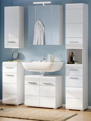 Produktbild von Badmöbel Set 5-teilig "Leon" weiß Hochglanz Badkombination 150 x 182 cm