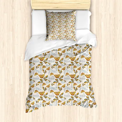 Produktbild von ABAKUHAUS Herbst Bettbezug Set für Einzelbetten, Schmetterling Blätter Libelle, Milbensicher Allergiker geeignet mit Kissenbezug, 135 cm x 200 cm - 80 x 80 cm, Eischale und Marigold