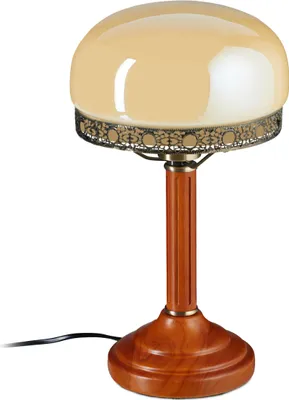 Obrázek produktu pro Stolní lampa Relaxdays, kulatá, dřevěná základna, nostalgický secesní styl, béžová / v barvě mosazi 10016611