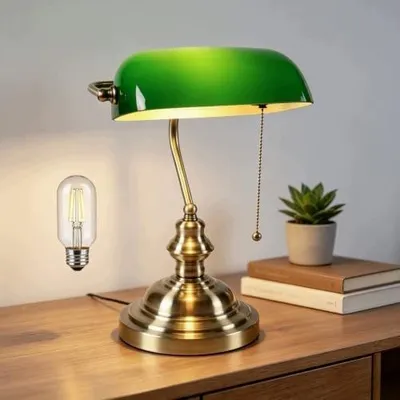 Zdjęcie produktu dla Lampa biurkowa zielona szklana bankierska vintage metalowa podstawa
