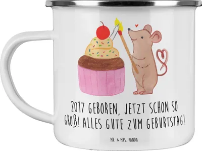 Produktbild von Mr. & Mrs. Panda Emaille Tasse 2017 Geburtstag - Weiß - Geschenk, Geburtsjahr, Teetasse, becher, Handgefertigt, Happy Birthday, Pott, Outdoor, Geburtstagswünsche, Alter