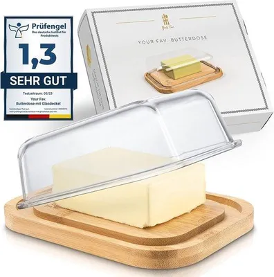 Image de Unyqoos® Butterdose avec couvercle en verre – Cloche à beurre de qualité supérieure, avec une base en bambou de haute qualité, conçue pour contenir 250 g de beurre, dimensions : 18 × 13,6 × 6 cm