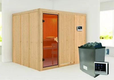 Produktbild von Karibu Sauna Innensauna Gobin Fronteinstieg Ofen 9 KW externe Strg easy 231x196x198 cm ohne Dachkranz mit Bronzierte Tür
