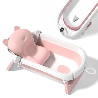 Produktbild von Faltbar Baby Badewanne Mit Rutschfestem Badekissen - Babywanne XXL Mit Baby Badewannensitz & Badethermometer - Von Der Geburt Bis 3 Jahre - Baby Bathtub - Geburtsgeschenke Für Mädchen & Jungen