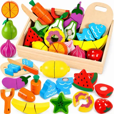 Imagen del producto de Juego de madera para niños, con frutas para cortar, incluye pelador, cuchillo y tabla de cortar, 1 juego, ideal para la cocina