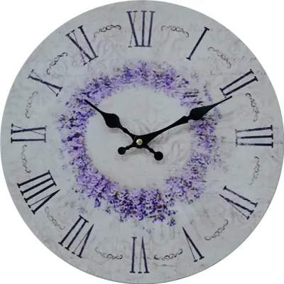 Produktbild von Rebecca Mobili Wanduhr aus Holz mit Blumendruck, weiß und lila, ø 33,8 cm