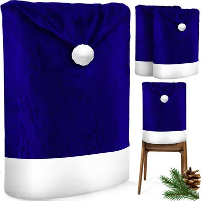 A set of blue and white Christmas-themed chair covers, resembling Santa hats, are displayed. One cover is shown in full, while others are shown in a smaller collage on the right, with one cover placed on a chair. A pine sprig and pinecone are visible in th