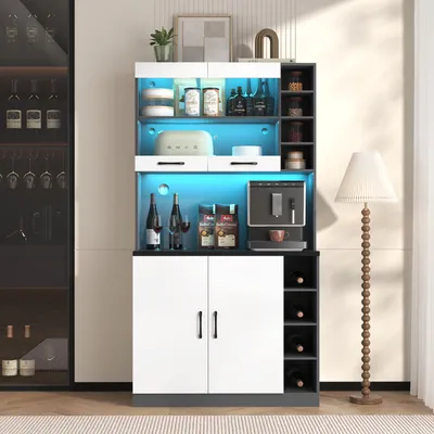 Image de Flieks Cuisine Armoires hautes Buffet de cuisine avec LED, Armoires de cuisine Buffet avec compartiments de rangement ouverts, Armoire Buffet Highboard cuisine, Blanc