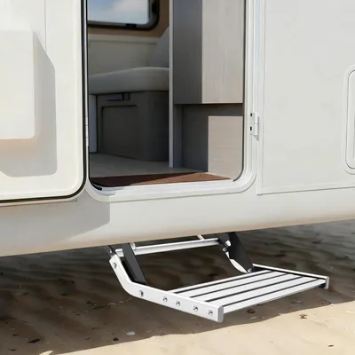 Produktbild von Einstiegstufe für Wohnwagen/Wohnmobil - Klappbare 1-stufige Trittstufe - Manuell - Aluminiumlegierung - Montage am Wohnmobil - Für Wohnmobile, Anhänger, Lkw - Silber