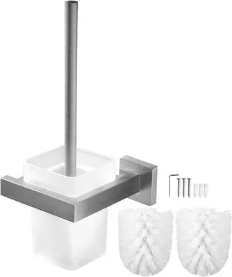 Produktbild von Glazen Toiletborstel mit Edelstahlhalter | Wandmontage WC-Borstel mit 2 Ersatzborsteln | Badkameraccessoire mit langem Stahl | Abnehmbar | Toilethalter