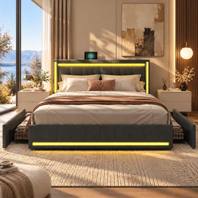 Imagen del producto de Cama INONEFT de 140x190 cm con espacio de almacenamiento, cama tapizada con iluminación LED, puertos tipo-C y USB, cama juvenil con 4 cajones, color gris oscuro