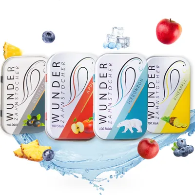 Produktbild von Wunder Zahnstocher mit Geschmack - 4er Starter Pack - 4 Sorten - 400 Stück - Metallbox - zuckerfrei vegan - frischer Atem - Alternative zu Kaugummi