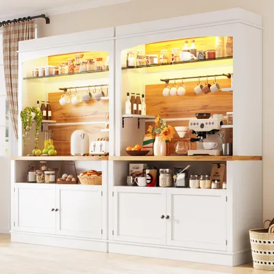 Immagine prodotto di Mobiletto da cucina MODFU (set da 2 pezzi) con ripiano in vetro, credenza con illuminazione LED, mobiletto alto da 184 cm, bianco