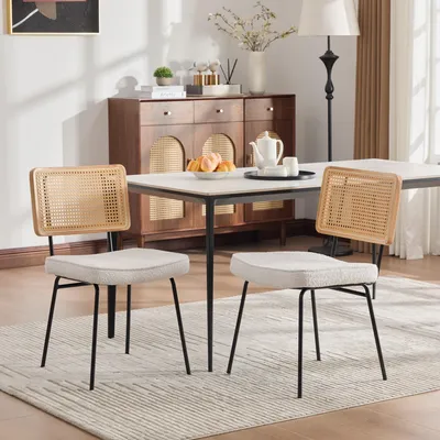 Immagine prodotto di okwish 2 pezzi: sedie da pranzo senza braccioli, con gambe in metallo regolabili, struttura dello schienale in legno massello, design in stile rattan, colore avorio
