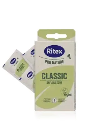 A box of Ritex Pro Nature Classic vegan condoms with two individual condom wrappers shown in front.
