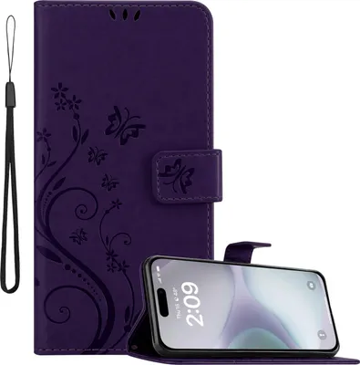 Produktbild von Cadorabo Hülle für Apple iPhone 16 in FLORAL DUNKEL LILA Schutzhülle im Blumen Design mit Magnetverschluss, Standfunktion und Kartenfächern Flip Case Flower Cover Etui Handy Klapp Hülle Book Tasche