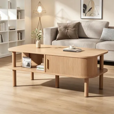 Produktbild von okwish ovaler Couchtisch mit Rollladen und offenen Fächern, Sofatisch mit Metallgriffen, Wohnzimmertisch in Natur