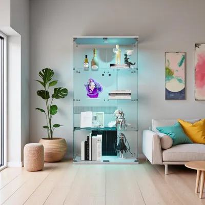 Obrázek produktu pro Vitrína ProximaX s LED osvětlením, vitrína se skleněnými dvířky, pop-up design, skleněná vitrína s 8 policemi, skleněná vitrína bílá, do obývacího pokoje, tvrzené sklo, 80,49x36,49x163,9 cm