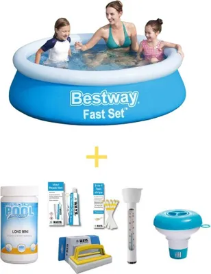 A collage showing an inflatable pool with people in it, and various pool maintenance accessories.