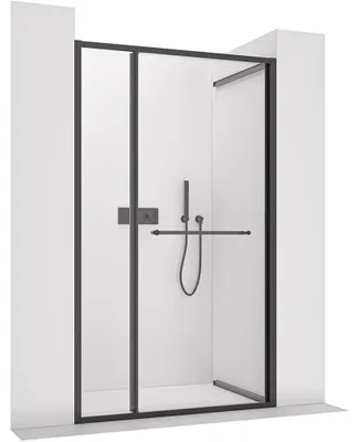 Zdjęcie produktu dla szkło ceramiczneO – Przesuwne drzwi prysznicowe Versaro L/P – 6 mm – czarne matowe, szkło przezroczyste – 150 x 195 cm – przesuwne