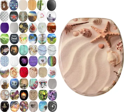 A collage of various toilet seat designs and a single toilet seat with a beach theme.
