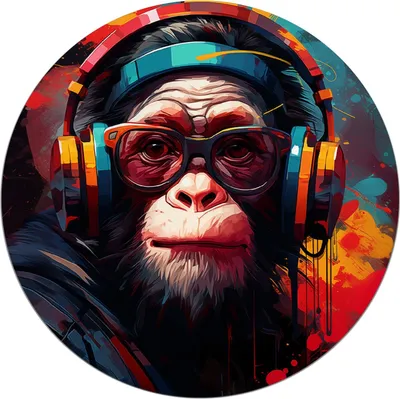 Produktbild von Wallario Premium Glasbild, freischwebende Optik, kräftige Farben, rund 50cm Durchmesser, Motiv Chimp - Musik