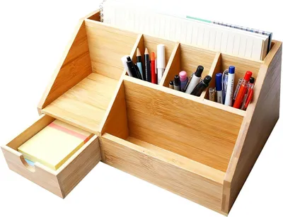 Immagine prodotto di Organizzatore da scrivania in bambù, dimensioni 24,5 x 15 x 11 cm, con cassetto e portapenne, ideale per l'ufficio