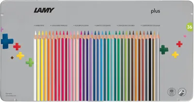 A metal tin containing a set of 36 colored pencils, neatly arranged.
