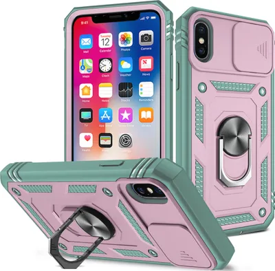 Immagine prodotto di Custodia per iPhone X / iPhone XS protezione fotocamera scorrevole, resistente agli urti, con supporto ad anello, supporto e portacarte Verde Rosa