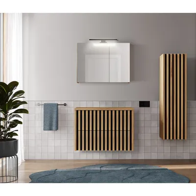 Produktbild von Badmöbel Set in Eiche Nb. mit Lamellenfronten LUCCA-107 LED-Spiegelschrank, 80 cm Waschbeckenunterschrank, Hochschrank, B/H/T: ca. 135/200/45,5 cm