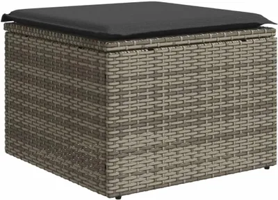 Produktbild von Gartenhocker aus Poly-Rattan mit Kissen, Fußauflage für Balkon und Garten, Grau, 55x55x37 cm