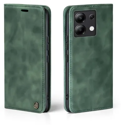 A green flip case for a smartphone is shown from two angles.