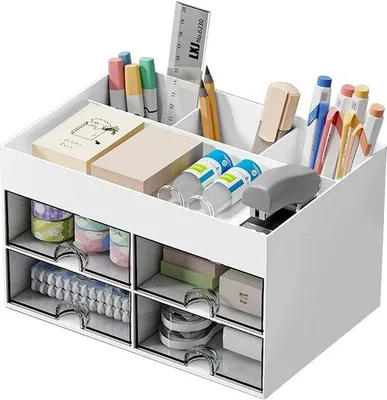 Zdjęcie produktu dla Azomor® – wielofunkcyjny organizer biurowy z 4 szufladami i 4 przegrodami, zapewniający efektywne wykorzystanie przestrzeni