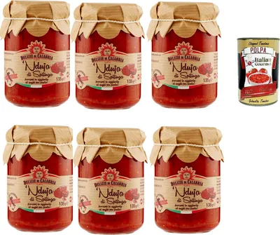 Produktbild von Delizia di Capabia, Ndujia di Spilinga, Würzig streikbar nduja salami, 6x 135g + Italian Gourmet polpa 400g