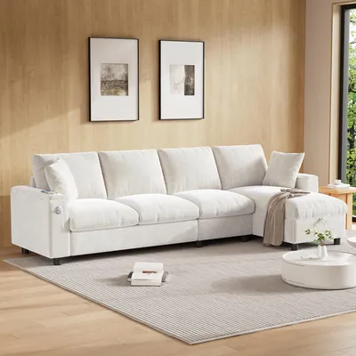 Immagine prodotto di Divano ad angolo in velluto, con spazio contenitore nelle braccioli, tavolino reclinabile, portabicchieri, porte USB/Type-C (color beige chiaro)