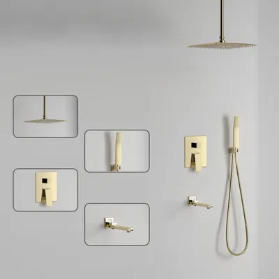 Produktbild von Duschset, Handbrause, Unterputz-Duschsystem, Unterputzarmatur, Einbau-Duschsystem, Brause, Einbaubrause, Duschsystem, Wandbrause, Gold /WZRQSHS/