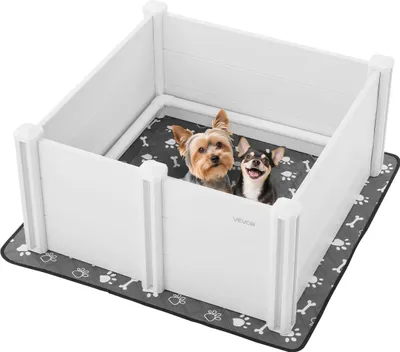 Produktbild von VEVOR Wurfkiste für Hunde, 98x98x46cm, Welpenlaufstall aus Kunststoff-PVC mit höhenverstellbarer Tür & waschbarer Pipi-Unterlage, verformungssicherer Welpenkiste für mittelgroße Hunde, milchweiß