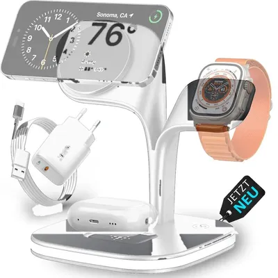 Produktbild von 3in1 MagSafe Ladestation 15W, LED Nachtlicht, für iPhone, Apple Watch, AirPods – Weiß