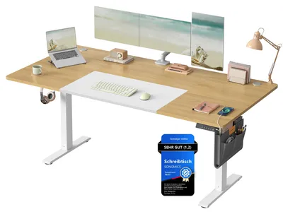 Produktbild von SONGMICS Höhenverstellbarer Schreibtisch elektrisch, 180 x 80 cm – Natureichenfarben + Mattweiß