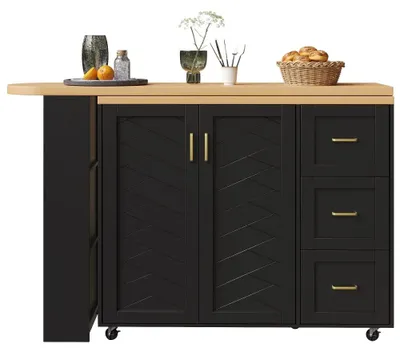Obrázek produktu pro Barový vozík - výsuvný barový stolek - 2 dvířka - 3 zásuvky - s kolečky - 135–228 x 39 x 104 cm - pracovní deska s dřevěným vzhledem - černá barva