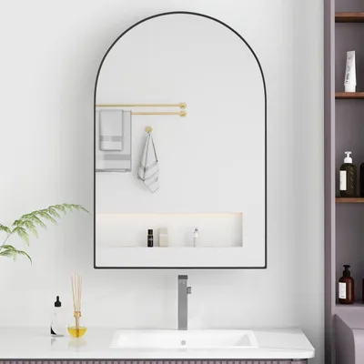 Produktbild von Moderner Bogenspiegel Spiegelschrank mit Ablage Metall Schwarz 91x61x12 cm