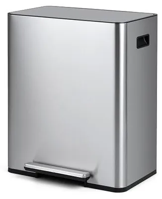 Imagen del producto de Cubo de basura de 60 litros para cocina, sistema de separación de residuos con 2 compartimentos, cubo de basura de acero inoxidable con pedal y tapa de cierre suave, cubo de basura silencioso para cocina, salón y baño (plateado)