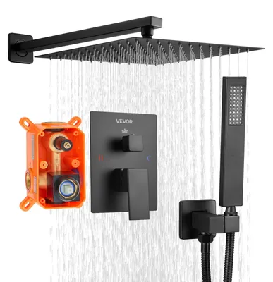 Image de Robinet de douche VEVOR Système de douche à effet pluie pour salle de bain Système de douche avec pommeau de douche à effet pluie carré de 305 mm & douchette à main, robinetterie de salle de bain murale avec vanne en laiton & kit de finition, noir mat