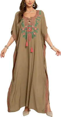 Productafbeelding van Kaftan strandjurk met bloemenborduurwerk in luchtige stijl, one size voor dames