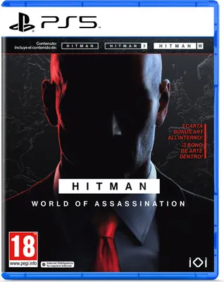 The image shows the front cover of a PlayStation 5 game case for 'HITMAN World of Assassination'.