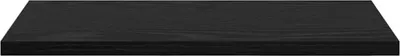 A black shelf board is shown from a slightly elevated angle against a white background.