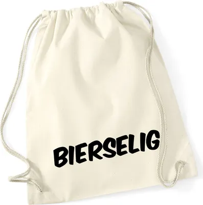 Produktbild von Huuraa Turnbeutel Bierselig Schriftzug 12 Liter Natural Baumwolle Rucksack Geschenkidee