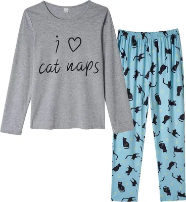 Immagine prodotto di Pigiama da donna Set Pantaloni Maglia Maniche lunghe Gatti Grigio Blu L