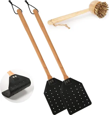 Produktbild von Famanu Fliegenfänger Set 2 Stück Leder Fliegenfänger + Bürste - Handlich Robust - Langes Holzgriff - Schwarz